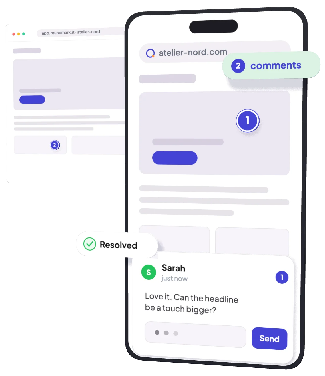 A website in a browser and the same site on a phone, with numbered Roundmark pins, a client comment from Sarah and a resolved chip